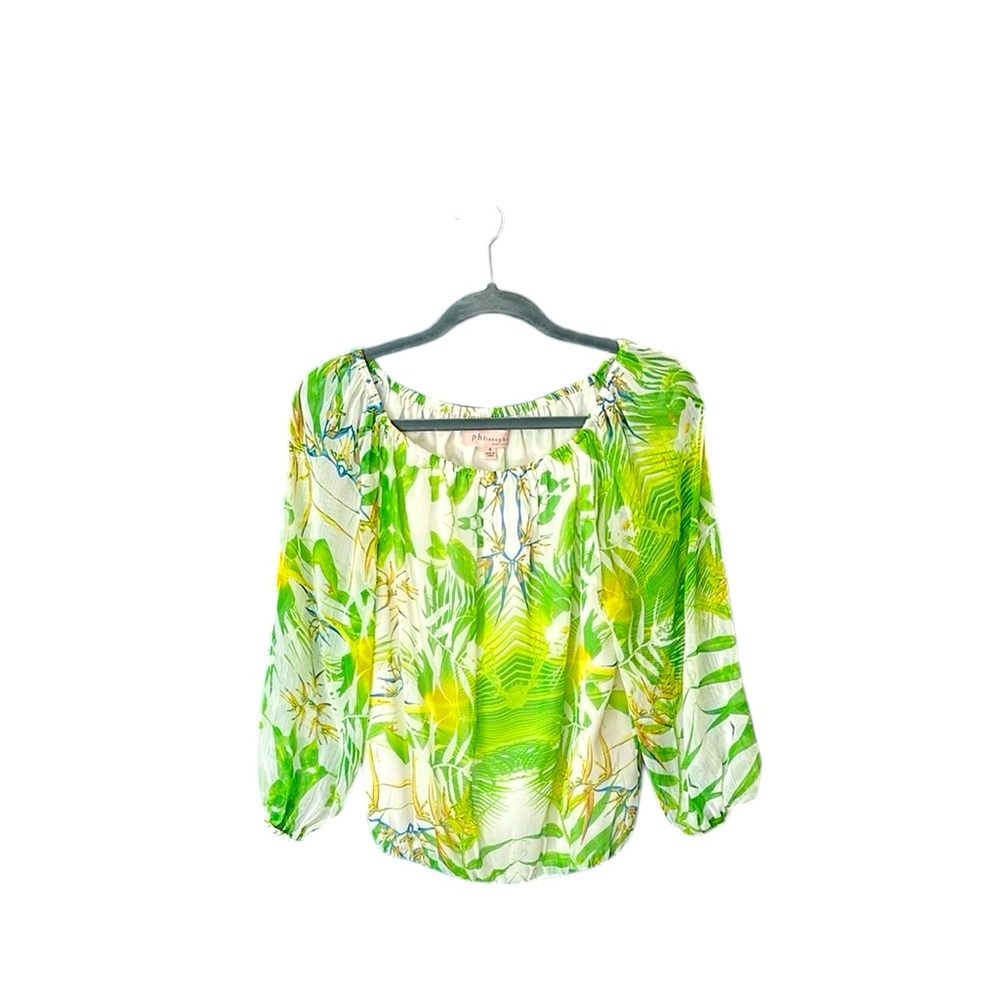 Philosophy tropical green and yellow with blue and white lined blouse… Lovely!